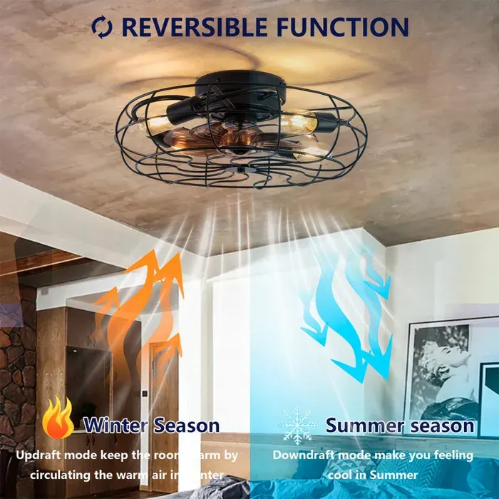 Ventilateur plafond industriel 48 cm avec éclairage et moteur réversible à 6 vitesses et télécommande pour petites pièces Noir
