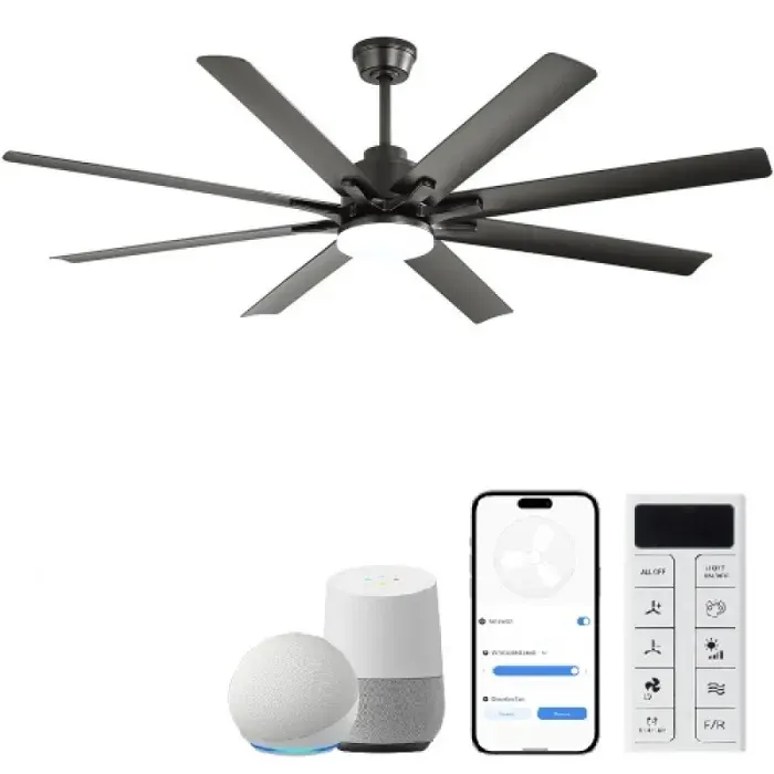 Ventilateur plafond intelligent 66 pouces 8 pales moteur CC réversible 6‑vitesses éclairage LED réglable VENTILATEUR DE PLAFOND