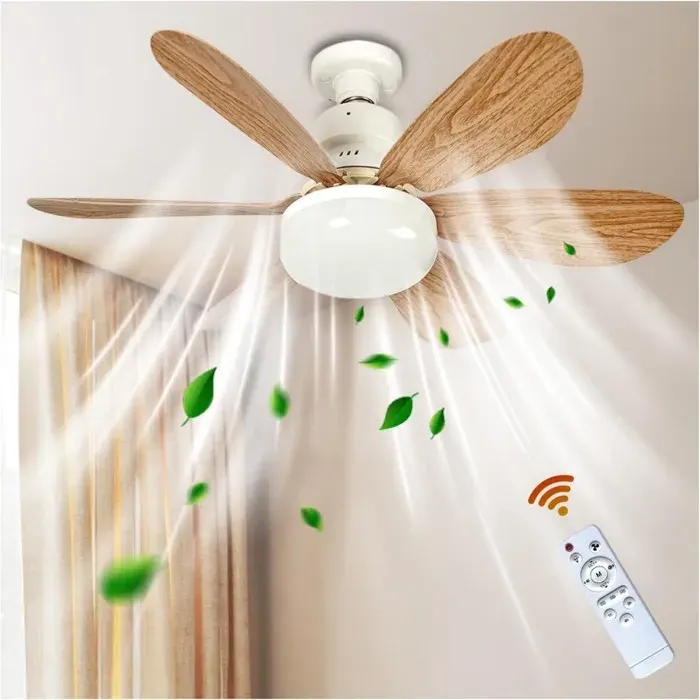 Ventilateur plafond JZSH LED pour chambre à coucher culot E27 intensité variable avec lumière télécommande 3 couleurs
