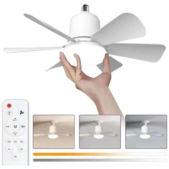 Ventilateur Plafond LED 30W avec Lumière E27 - 3 Vitesses 6 Pales - Blanc - Chambre Salon