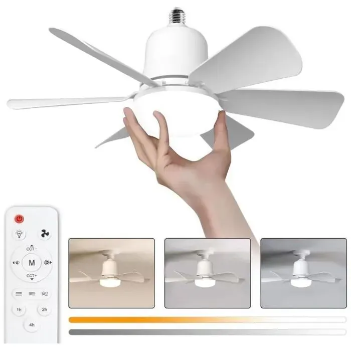 Ventilateur plafond LED 30W dimmable 3 vitesses 6 pales douille E27 – idéal chambre/salon