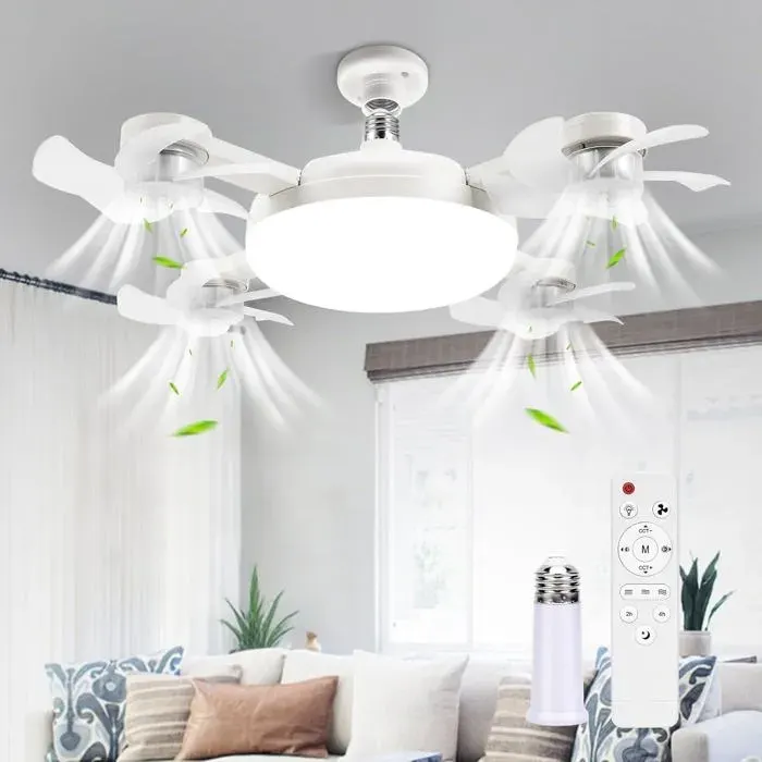 Ventilateur plafond LED 50W avec télécommande - 3 vitesses 3 couleurs - 4 têtes - Classe A+++ - Velunor
