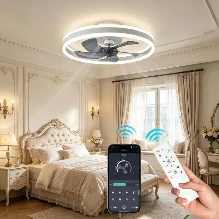 Ventilateur plafond LED 55W 4400lm 50cm– Silencieux – APP + télécommande – 6 vitesses – 3 lumières – Pour salon chambre 10-20㎡