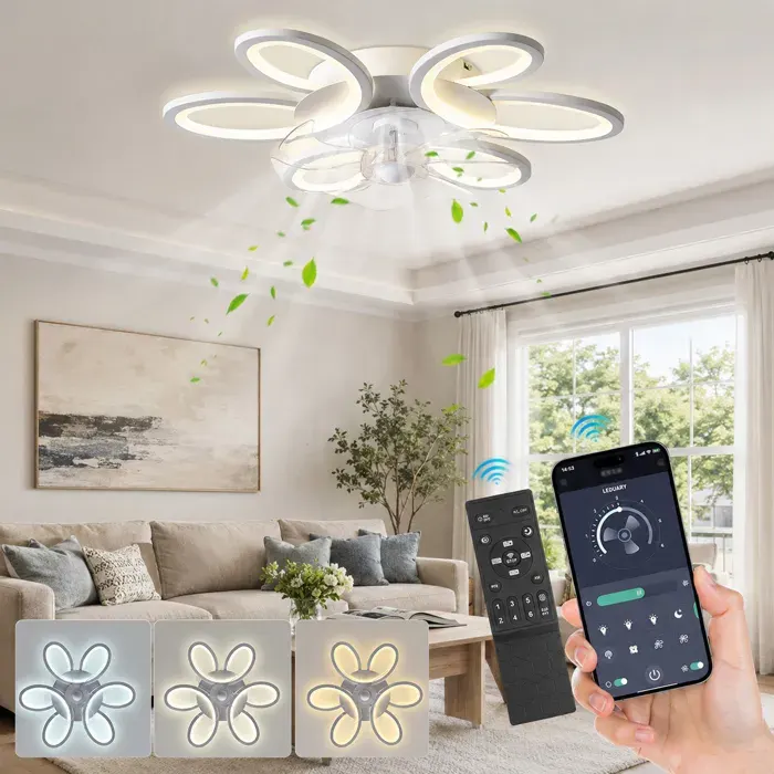 Ventilateur Plafond LED 65cm avec Télécommande et Appli 3 Couleurs 6 Vitesses Silencieux Blanc