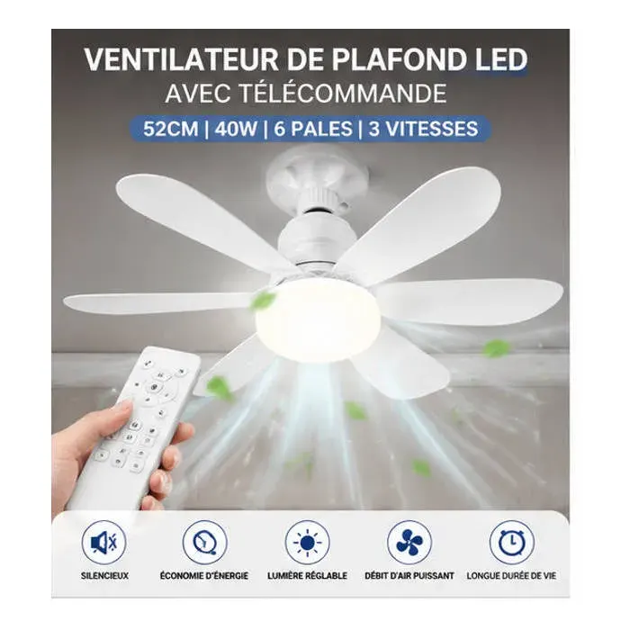 Ventilateur plafond LED - AProsp AirGlow X6 - 52CM 40W- avec télécommande dimmable E27 6 pales 3 vitesses blanc