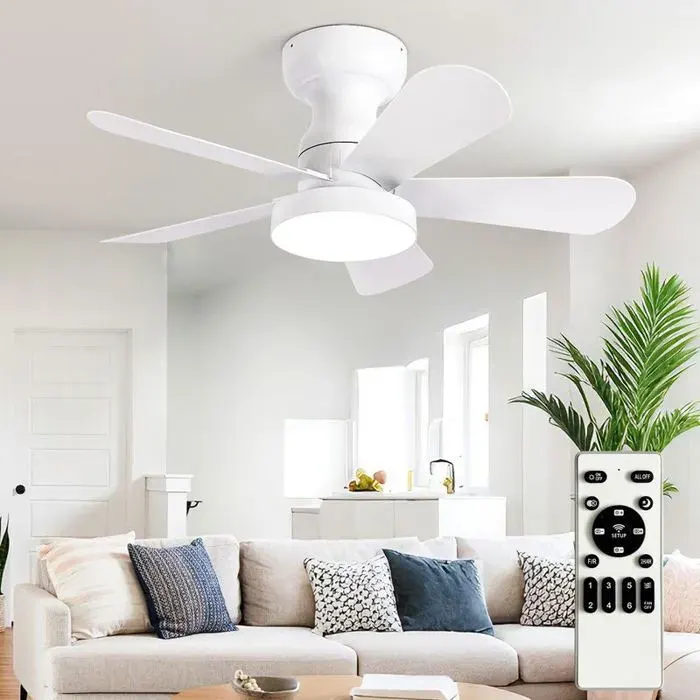 Ventilateur plafond LED avec télécommande 71cm moteur silencieux DC éclairage 3 couleurs réglableBlanc