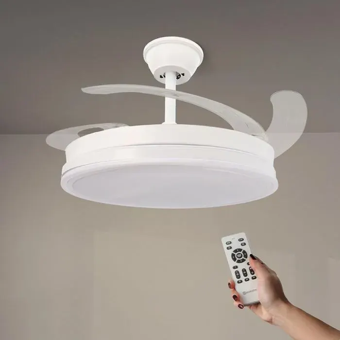 Ventilateur Plafond LED Blanc 107cm Télécommande 6 Vitesses - Pales Rétractables Silencieux