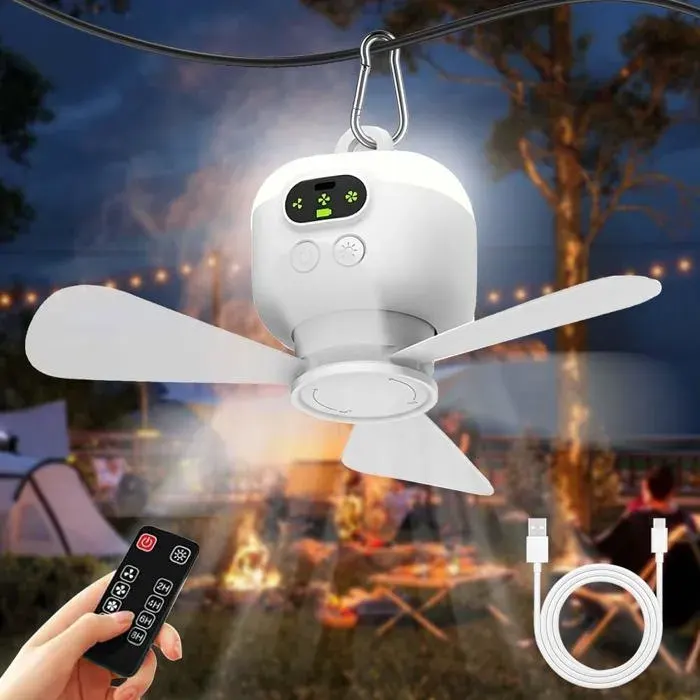 Ventilateur Plafond LED Camping avec Télécommande Minuterie et 3 Vitesses Réglables Lampe Portable Classe Énergétique A pour Tente