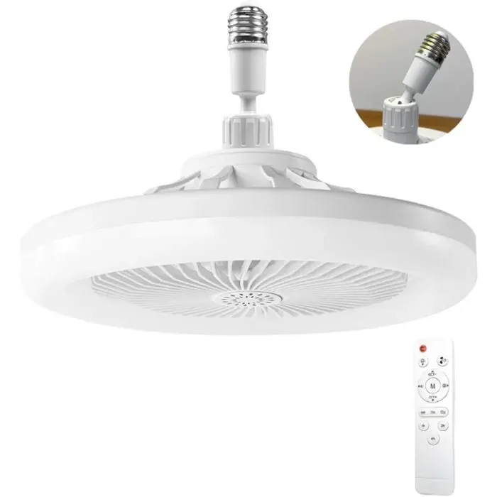 Ventilateur Plafond LED E27 Lampe avec Télécommande 3 Vitesses Réglables Silencieux Blanc