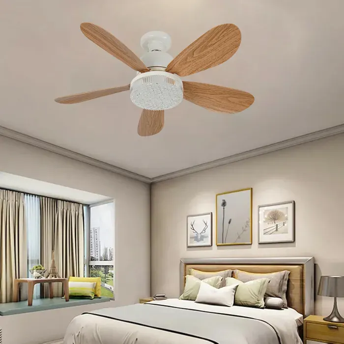 Ventilateur plafond LED – E27 sans fil pales bois & cristal télécommande – pour chambre salon – 52 cm