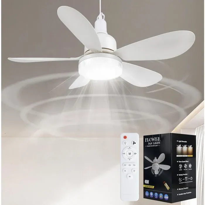 Ventilateur plafond LED – Installation E27 sans outil télécommande moteur silencieux – pour chambre salon – 52 cm Blanc