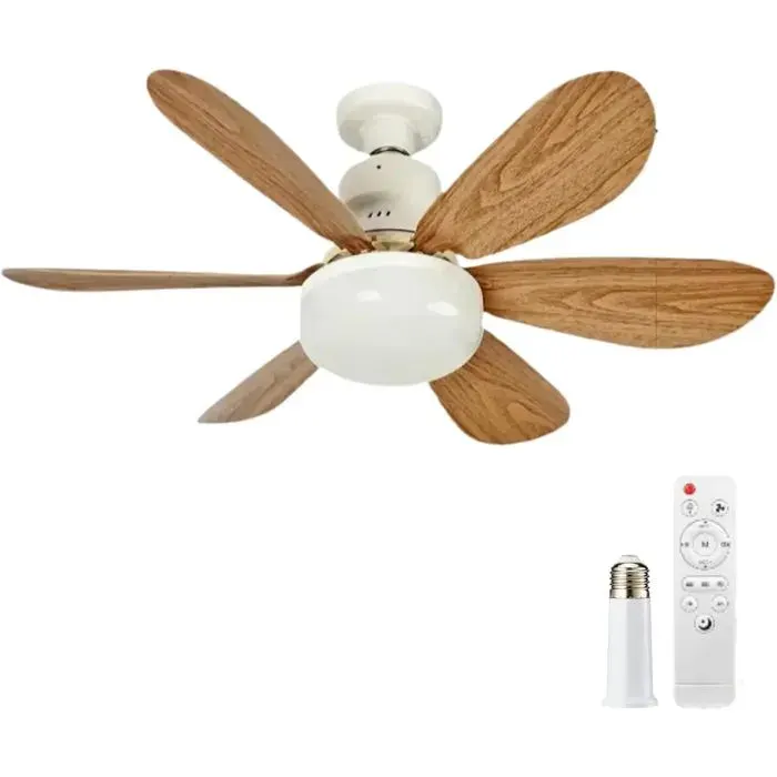 Ventilateur plafond LED – Installation E27 sans outil télécommande pales bois – Chambre Cuisine – 52 cm Blanc