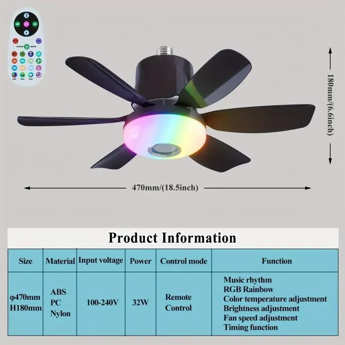Ventilateur Plafond LED Intelligent RGB Arc-en-ciel Télécommande 3 Vitesses Base E27 Dimmable Noir noir VENT VENTILATEUR DE PLAFOND