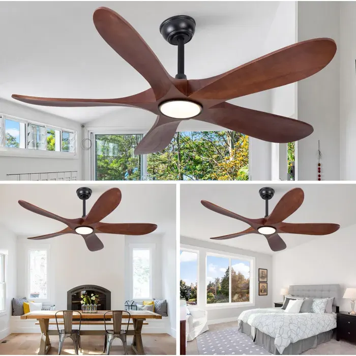 Ventilateur Plafond Lumière 5 Pales Bois Marron Ventilateur Moderne FloraGrace Pour Chambre Télécommande 132x132x31cm