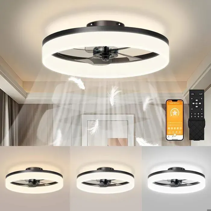 Ventilateur Plafond Lumière 50cm Silencieux APP & Télécommande Réversible Été-Hiver Mode Veilleuse LED Dimmable