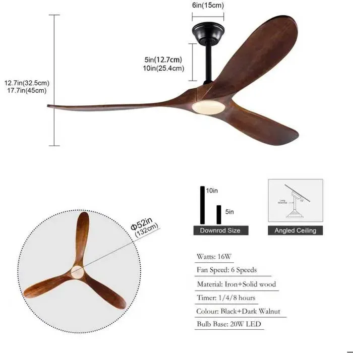 Ventilateur Plafond Lumière 52 Pouces Bois Noir Ventilateur Réversible FloraGrace Salon Chambre Télécommande 132x132x325cm