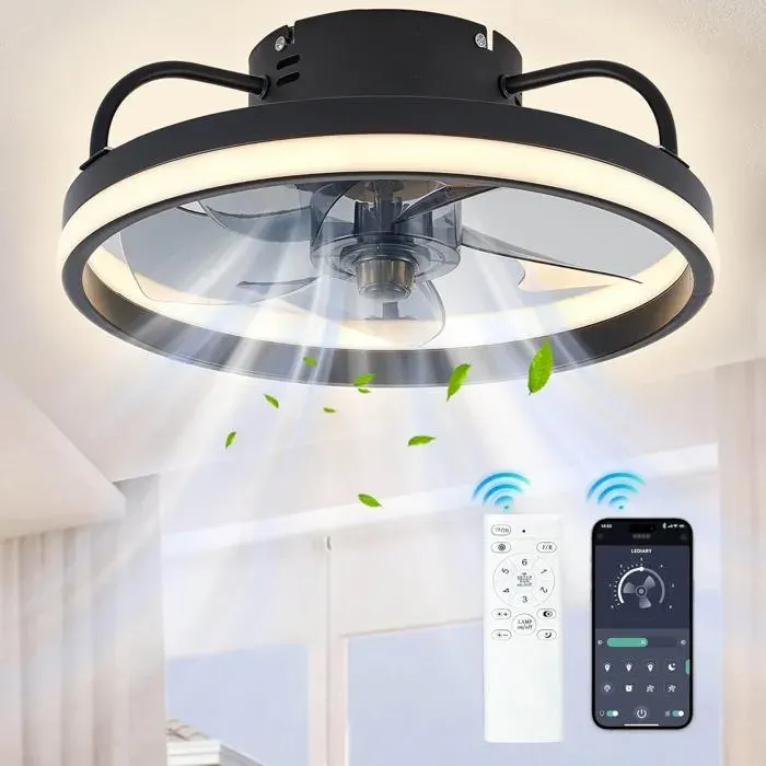 Ventilateur Plafond Lumière Télécommande - VELUNOR - 33cm Noir 55W - 6 Vitesses Silencieux - Éclairage Chambre Salon Cuisine
