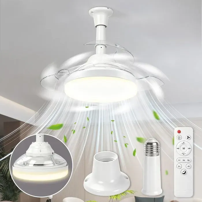 Ventilateur plafond luminaire pliant 43 cm - Douille E27 - Télécommande - 3 pales cachées 3 vitesses minuterie - Classe A