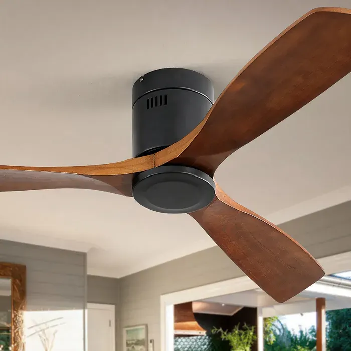 Ventilateur plafond moderne plat sans lumière moteur DC silencieux réversible télécommande 3 pales bois sculpté noir