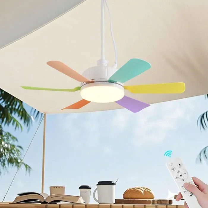 Ventilateur plafond multicolore 6 pales 40W E27 – 3 vitesses RGB lumière 2400 lm télécommande moteur DC silencieux