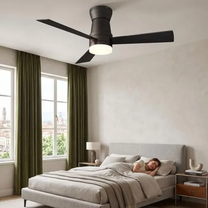 Ventilateur plafond noir 3 pales 6 vitesses télécommande minuterie 1/4/8h LED modulable fonction réversible été/hiver