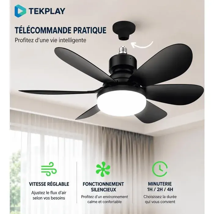 Ventilateur Plafond noir TEKPLAY LED à visser sur culot E27 42 cm avec Télécommande – 6 Pales – 3 Vitesses – Intensité Réglable — coloris Noire