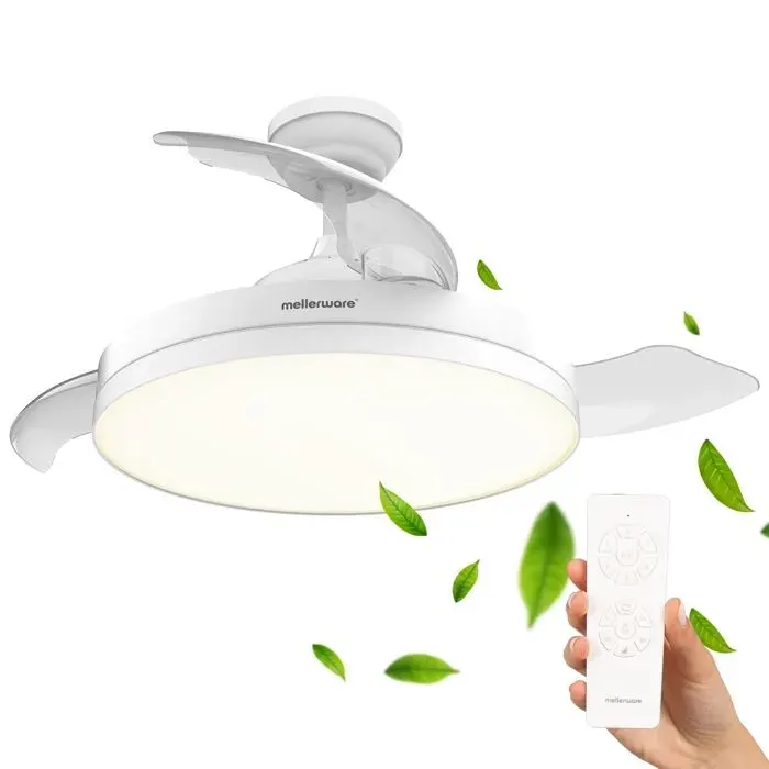 Ventilateur plafond pliable - Mellerware - Ultra-silencieux - Lumière LED 36W - Diamètre 106 cm - Pales rétractables