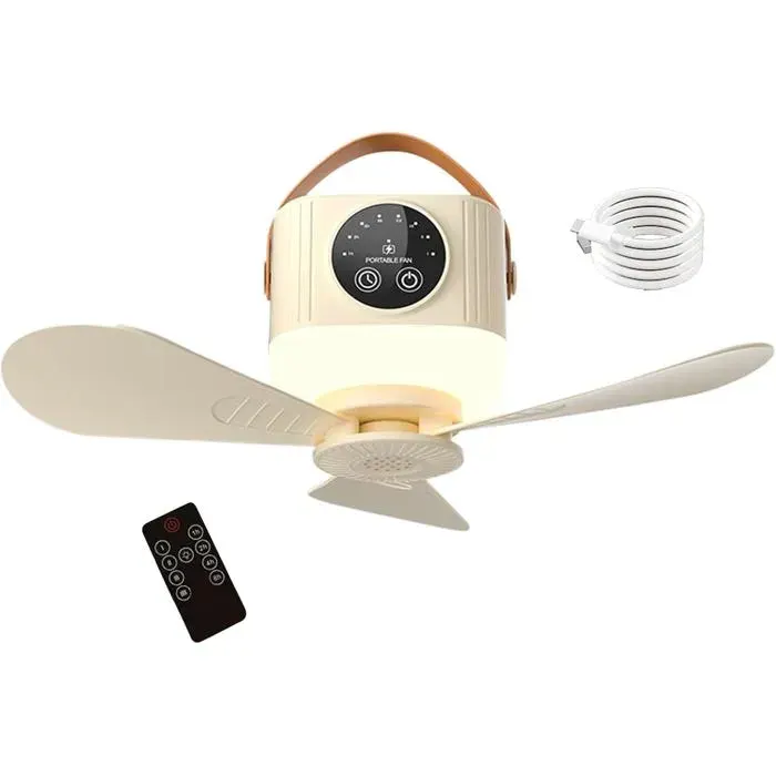 Ventilateur Plafond Portable - Batterie 3600mAh ，LED 4 Vitesses Télécommande – Appareil Camping ， Jardin – jaune crémeux