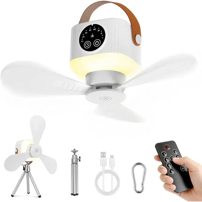 Ventilateur plafond rechargeable 7200mAh avec lumière - 35dB silencieux - Intérieur extérieur - 3 en 1 portable - Camping - Velunor