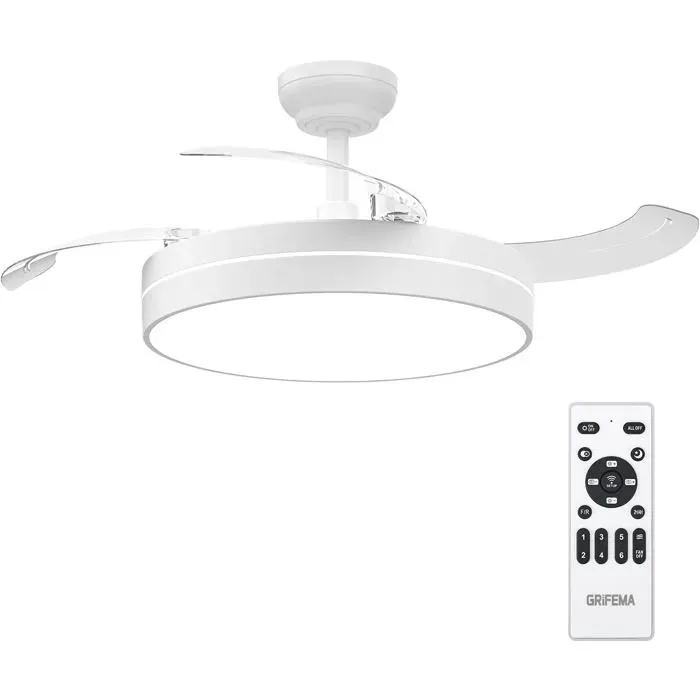Ventilateur plafond rétractable LED DC 30W 6 vitesses luminosité et couleur réglables mémoire GD105