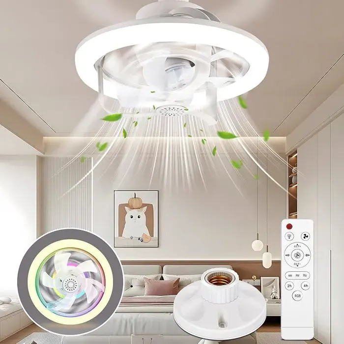 Ventilateur plafond RGB avec lumière télécommande silencieux douille E27 lampe décorative pour salon ou cha ECLAIRAGE DE MEUBLE — coloris Blanc