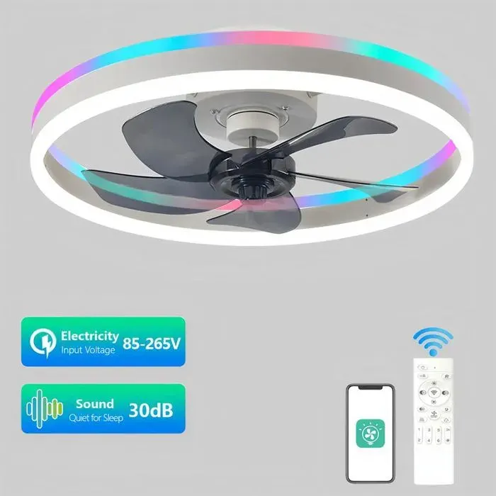 Ventilateur plafond RGB Blanc Télécommande + APP Variateur Lumière LED Salon/chambre/bureau