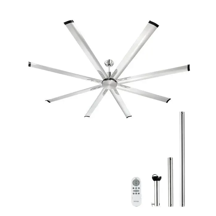 Ventilateur plafond sans lumière 214 cm 8 pales aluminium télécommande 6 vitesses moteur CC réversible chambre salon nickel brossé
