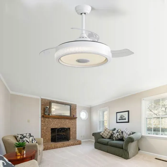Ventilateur plafond silencieux 3 pales escamotables lumière LED RGB 32W multicolore moteur DC silencieux — coloris Blanche