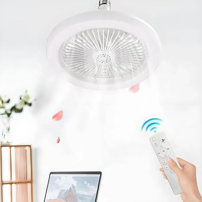 Ventilateur plafond silencieux 30W LED culot E27 avec télécommande dimmable 3 vitesses pour chambre salon cuisine