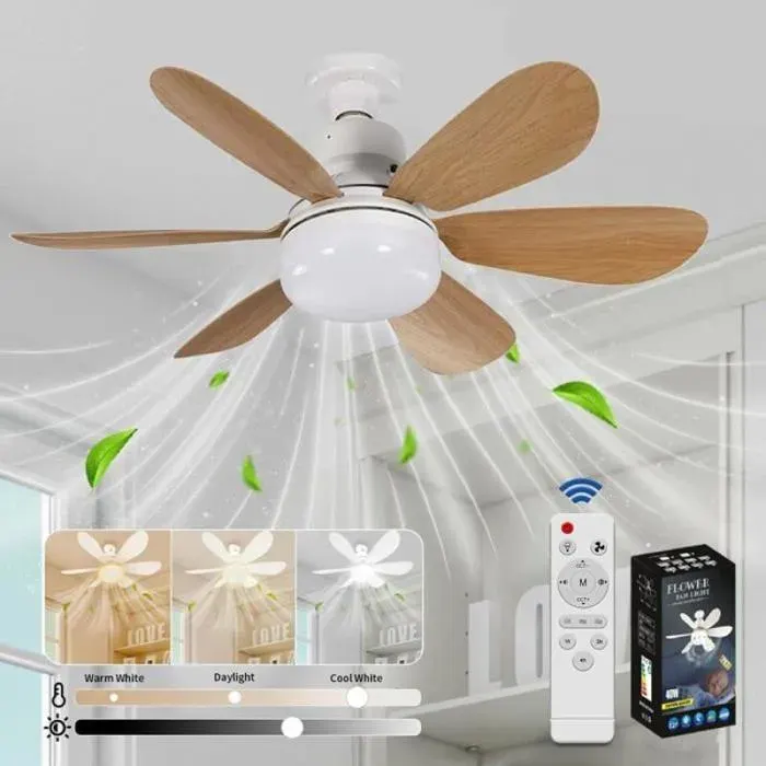 Ventilateur plafond silencieux 40W lampe E27 6 pales 3 vitesses salon chambre grain bois
