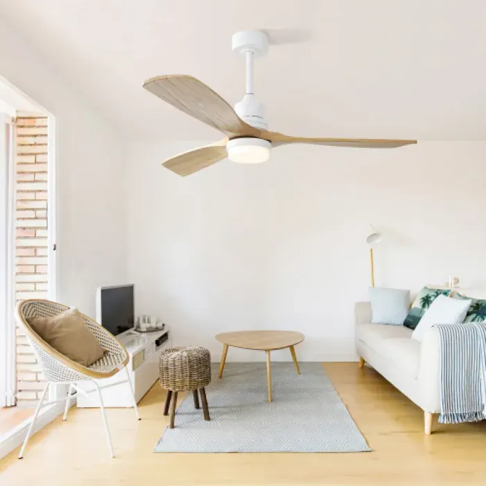 Ventilateur plafond silencieux 52 pouces avec lumière LED dimmable 6 vitesses 3 pales en bois moteur DC réversible
