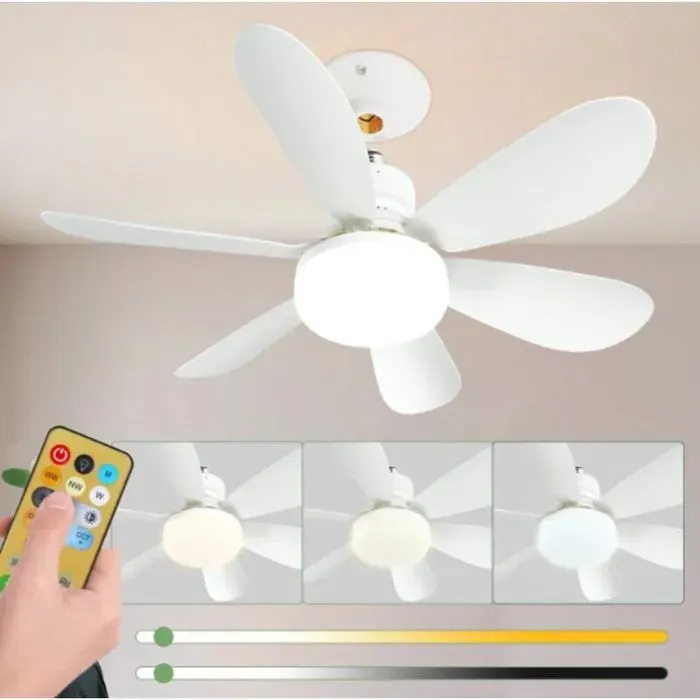 Ventilateur Plafond Silencieux 52cm avec Lumière LED E27 Télécommande - 40W 3 Vitesses 6 Pales