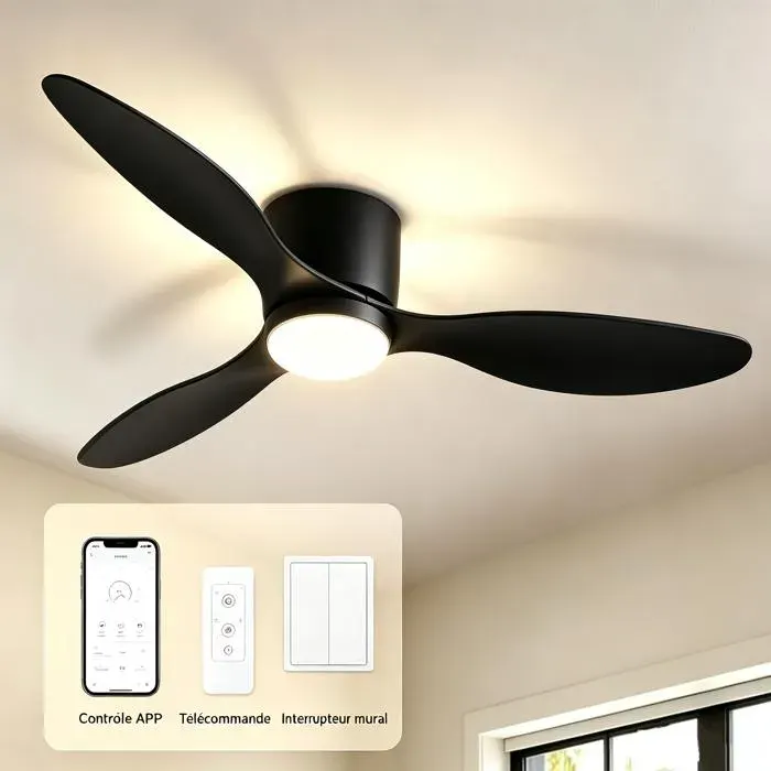 Ventilateur Plafond Silencieux avec Lumière Dimmable 6 Vitesses Fan Ø 105 cm +Télécommande - Minuterie - réversible -3 couleurs