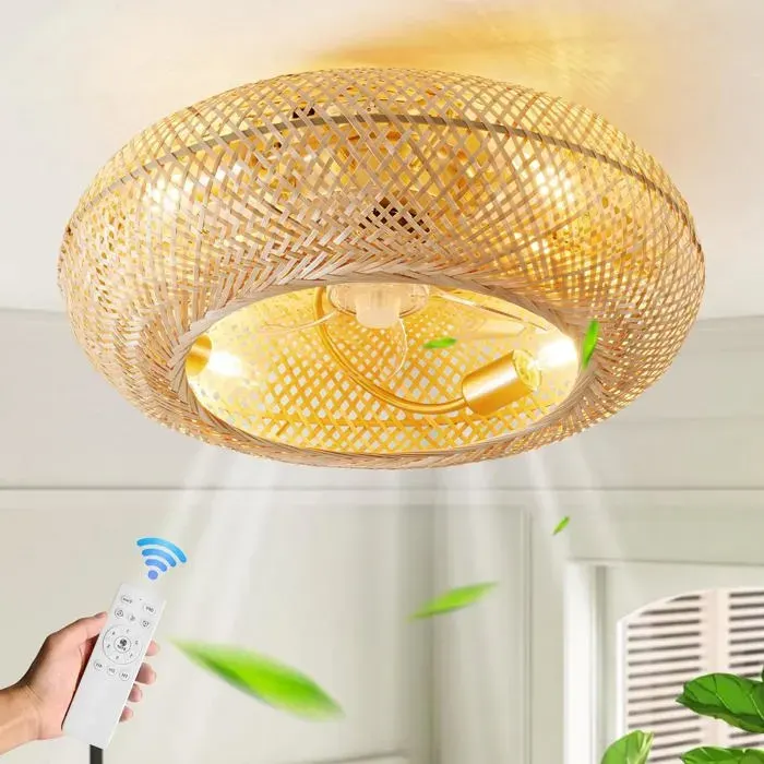 Ventilateur plafond silencieux avec lumière LED télécommande 6 vitesses design rotin bambou réversible minuterie 50W chambre