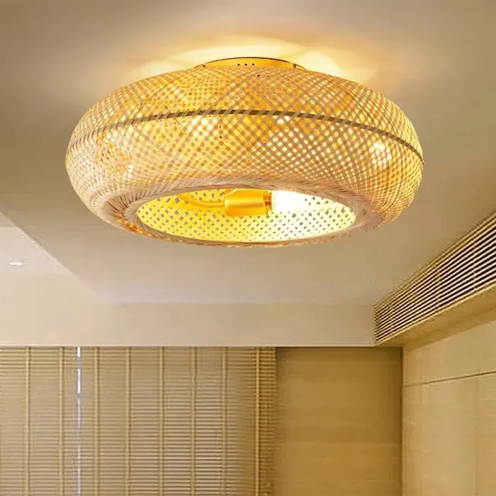 Ventilateur plafond silencieux avec lumière LED ventilateur de plafond en rotin tressé avec télécommande 6 vitesses réversible