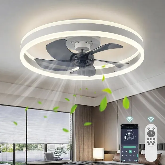 Ventilateur plafond silencieux chambre 50cm avec lumière LED – contrôle intelligent APP 6 vitesses variation 3 couleurs