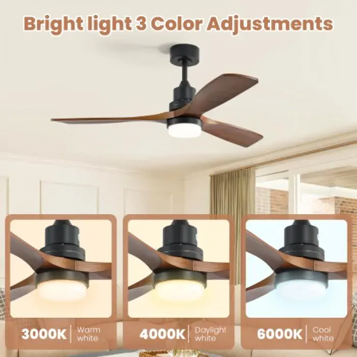 Ventilateur plafond silencieux design 52 pouces éclairage inclus 6 vitesses télécommande moteur DC réversible économe