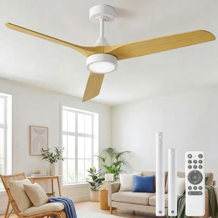 Ventilateur Plafond Télécmande Ventilateur de Plafond Design & Silencieux Ø132 cm en ABS Bois bois clair VENTILATEUR DE PLAFOND