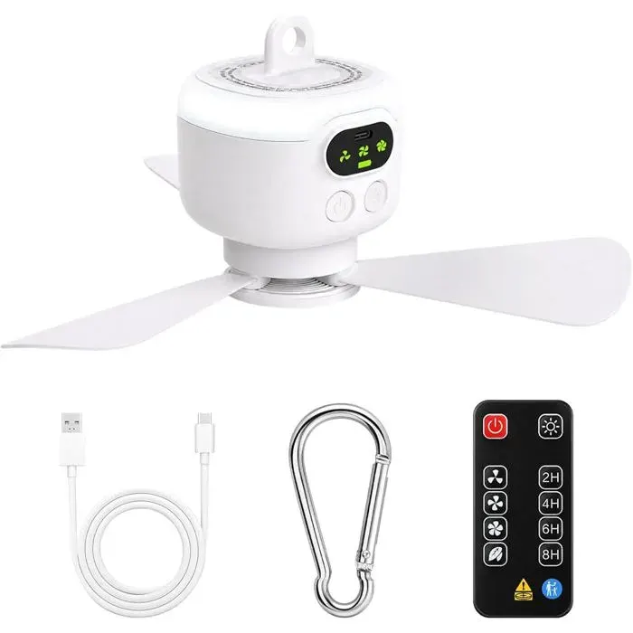Ventilateur plafond tente 2pcs ULISEM–8000 mAh LED 4 vitesses–camping dortoir