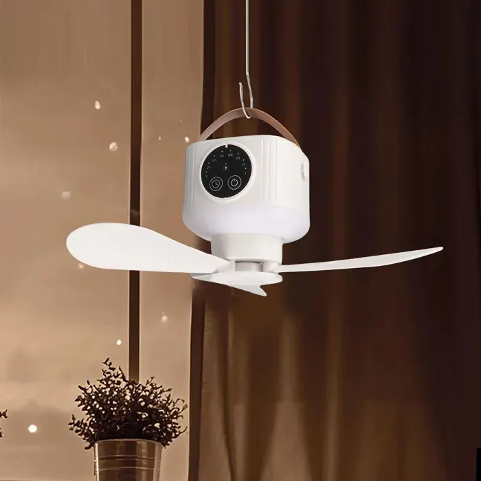ventilateur plafond USB avec lumière – 4 vitesses télécommande minuterie 2h lampe de nuit douce – pour camping tente – Blanc