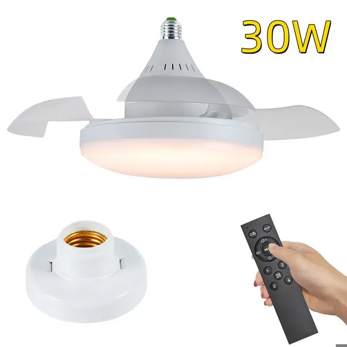 Ventilateur plafond Ventilateur de chambre invisible avec douille E27 et télécommande 3 pales invisibles 4 vitesses 3 Couleurs