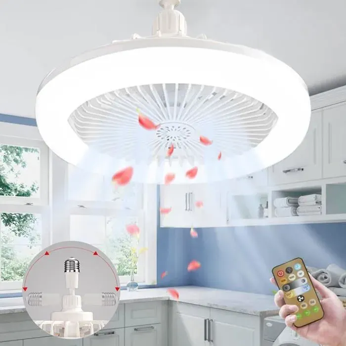 Ventilateur plafonnier blanc 25cm compatible E27 silencieux avec éclairage et télécommande. ENEVAOCT