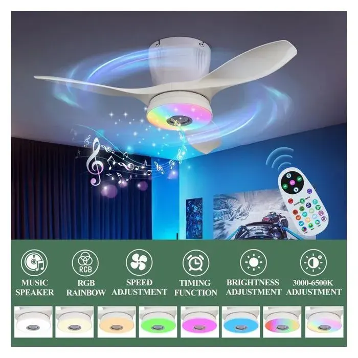 Ventilateur plafonnier connecté 54 cm avec éclairage LED RGB Bluetooth application mobile et télécommande 3 vitesses design