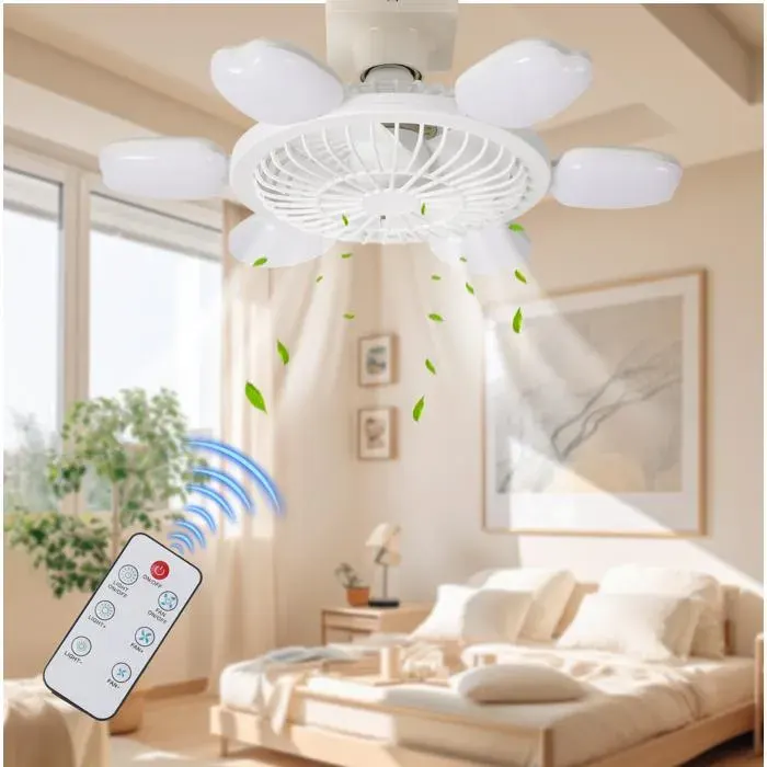 Ventilateur Plafonnier E27 6 Pales Ventilateur de plafond 60W 3 Vitesses 3 Températures 2400lm Minuterie 2/4h Moteur